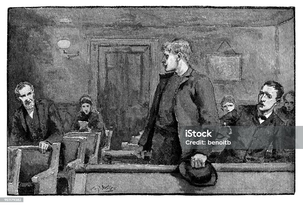 Men talking in courtroom Men talking in courtroom - Scanned 1887 Engraving 19th Century stock illustration