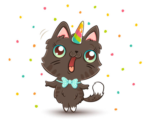 ilustraciones, imágenes clip art, dibujos animados e iconos de stock de lindo gato con cuerno de unicornio - princesa de anime
