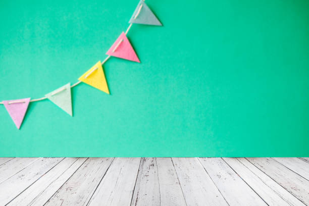 istock Empty wood Shelf on colorful flags  background 951193132