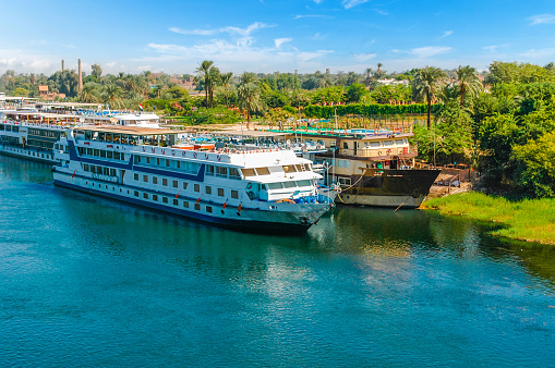 Cruise ship on the Nile river. Cairo. Giza. Egypt. Travel background. Vacation holidays background wallpaper