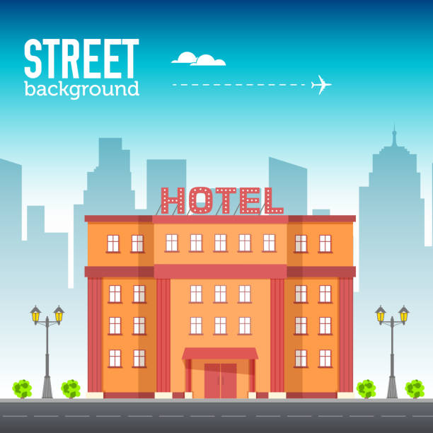 Hotel building in city space with road on flat style background concept. Vector illustration design Hotel building in city space with road on flat style background concept. Vector illustration hotel illustrations stock illustrations