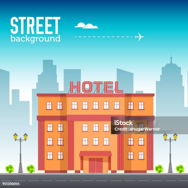 Hotel Building In City Space With Road On Flat Style Background Concept Vector Illustration Design Stock Illustration - Download Image Now