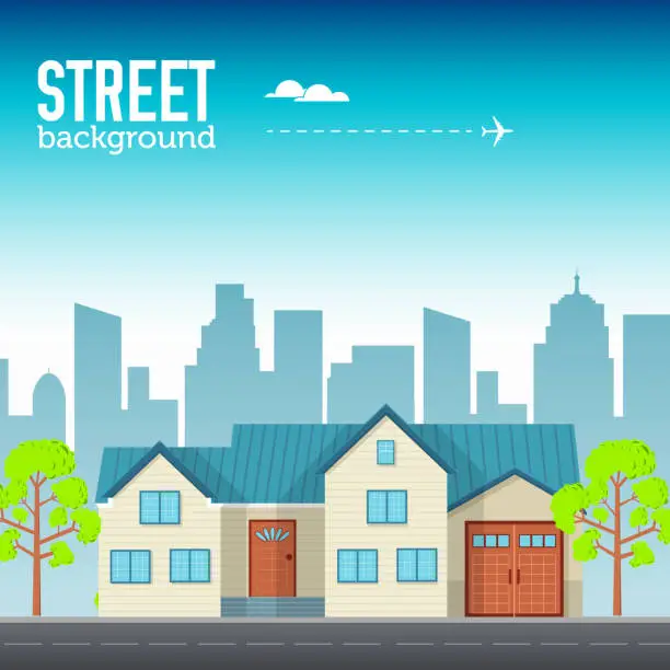 Vector illustration of Family Home building in city space with road on flat style background concept. Vector illustration design