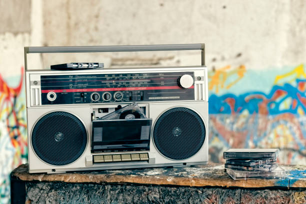 Retro boombox radio with cassettes stock photo