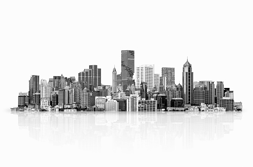 Modern high-rise buildings Isolated on white background, with clipping path. Black & White style.