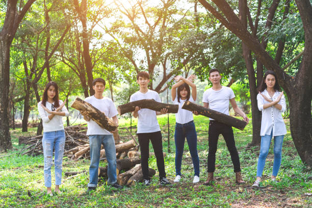 six people standing and holding wooden in hands. concept of thinking save forest, protect natural and environment. - forest preserve imagens e fotografias de stock