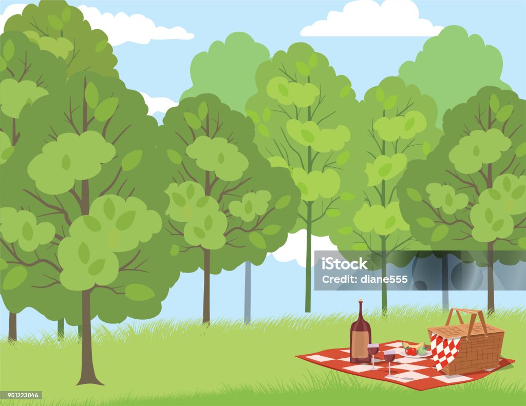Picnic Cartoon With Nature And Trees Stock Illustration - Download Image  Now - Picnic, Summer, Invitation - iStock