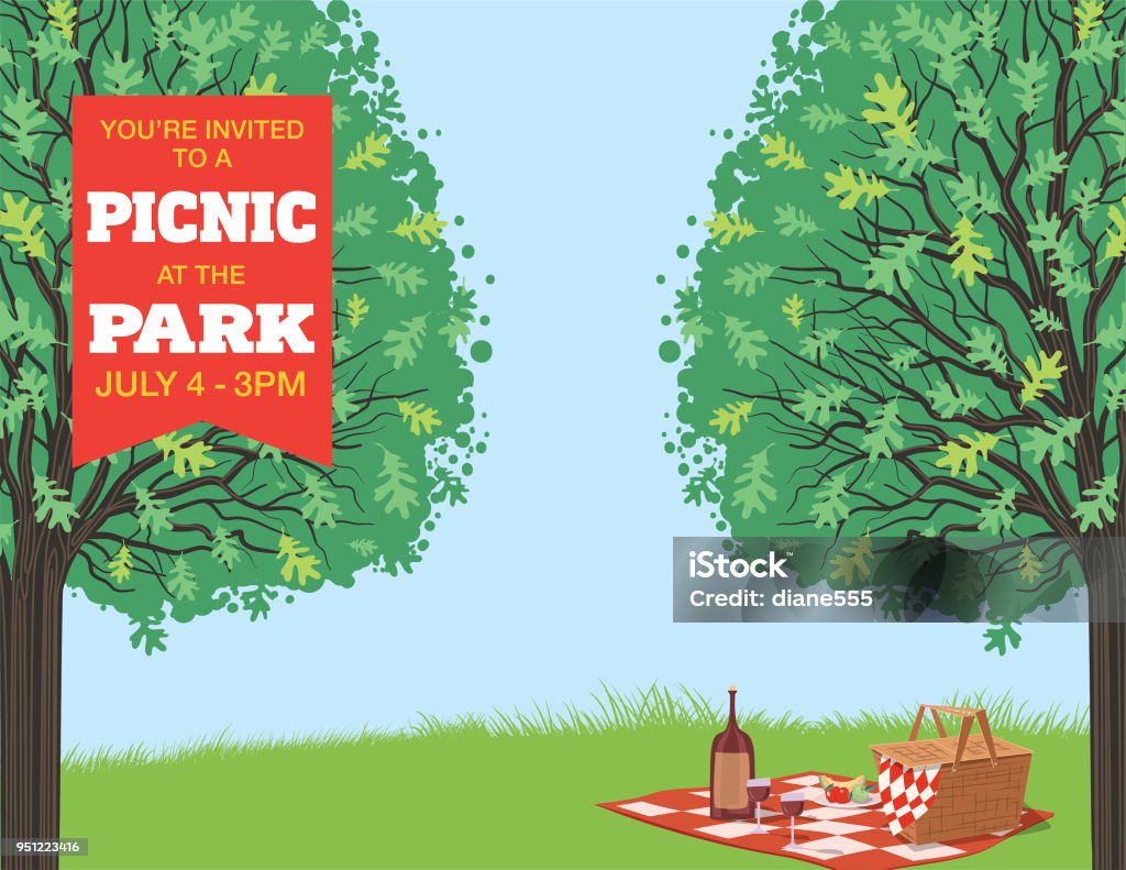 Picnic Cartoon With Nature and Trees Picnic Invitation template. Picnic stock vector