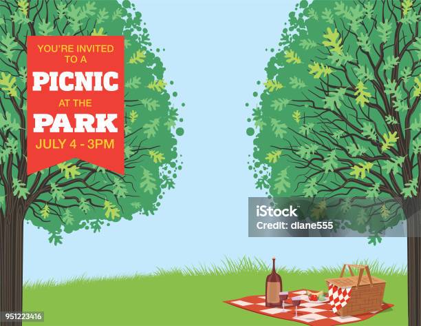 Picnic Cartoon With Nature And Trees Stock Illustration - Download Image Now - Picnic, Cartoon, Summer