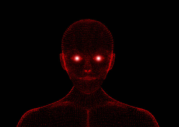 male rosso. modello wireframe con linee di connessione su sfondo nero, intelligenza artificiale nel concetto di tecnologia futuristica, illustrazione 3d - malvagità foto e immagini stock