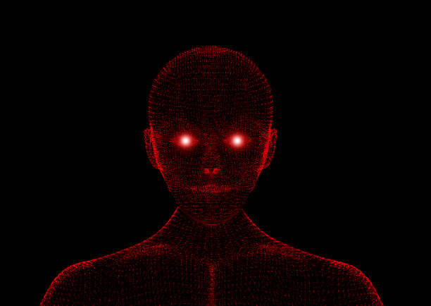 красное зло. модель wireframe с линиями связи на черном фоне, искусственный интеллект в футуристической технологической концепции, 3d иллюстрац� - зло стоковые фото и изображения