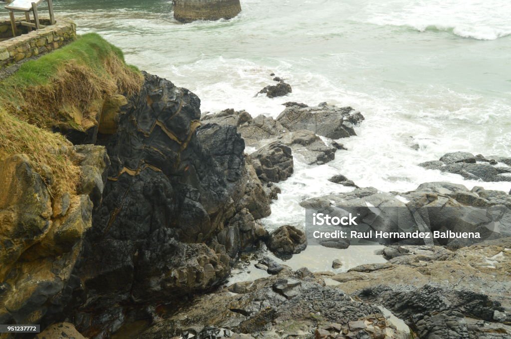Natural Breakwater In The Cantabrian Sea In Mundaca With The Inclemencies Of hurricane hugo. weather Travel Nature. Natural Breakwater In The Cantabrian Sea In Mundaca With The Inclemencies Of hurricane hugo. weather Travel Nature. March 24, 2018. Mundaca. Biscay. Basque Country. Spain. 2018 Stock Photo