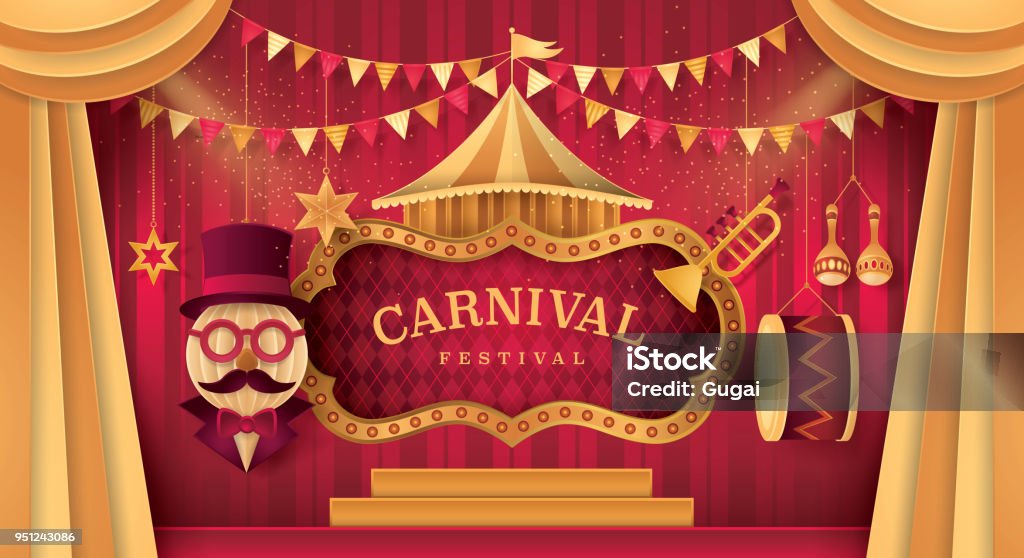 Premium Curtains stage with Circus Frame Bordor, Day Scene Carnival festival Gold Curtains stage with Circus Frame Border, Triangle bunting flags and Hanging Circus Barker with Hat,Glasses and Mustache, Carnival trumpet, Mexican maracas, Drum, Paper art vector and illustration Circus stock vector