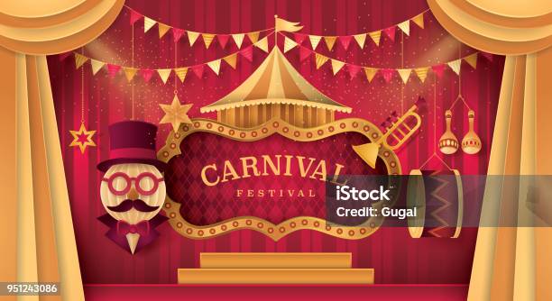 Premium Curtains Stage With Circus Frame Bordor Day Scene Carnival Festival Stock Illustration - Download Image Now