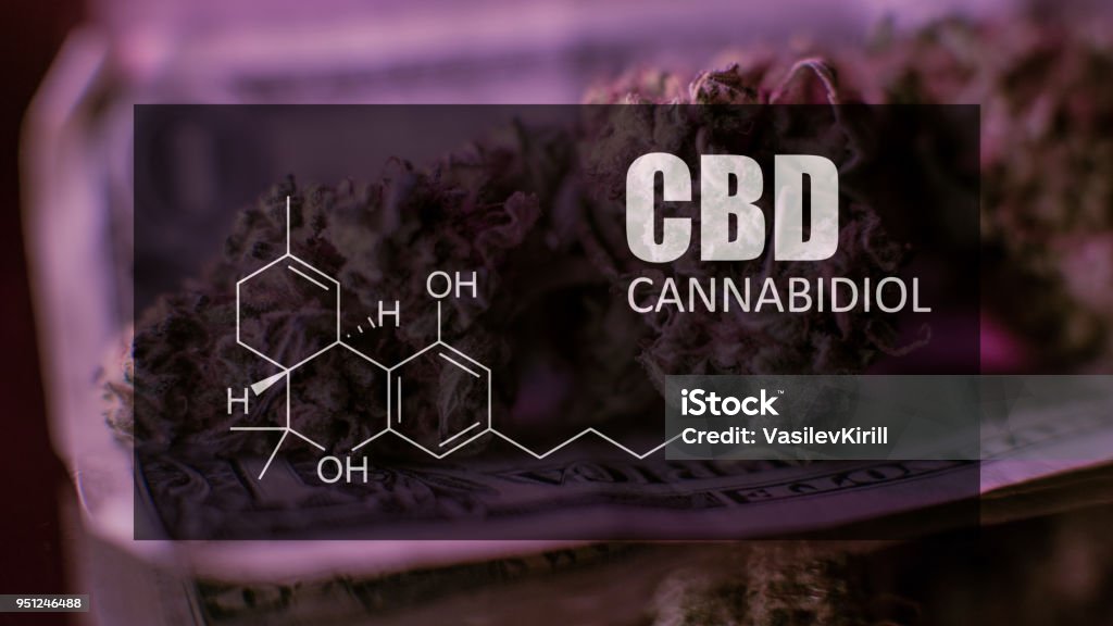 Chemical formula of Cannabidiol (CBD). Close-up Blunt Stock Photo