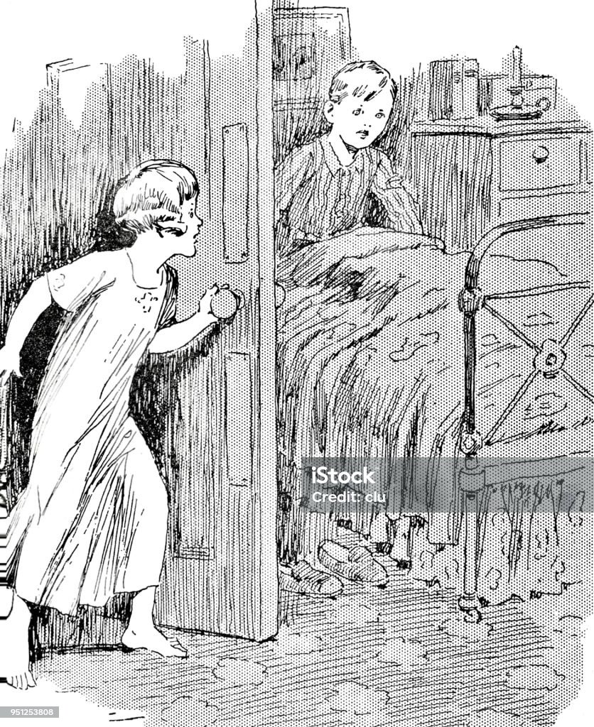 Girl calls her brother out of bed Illustration from 19th century Door stock illustration