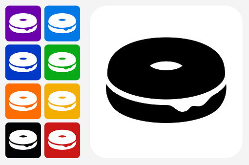 Donut Icon Square Button Set. The icon is in black on a white square with rounded corners. The are eight alternative button options on the left in purple, blue, navy, green, orange, yellow, black and red colors. The icon is in white against these vibrant backgrounds. The illustration is flat and will work well both online and in print.