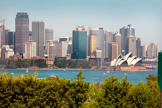 stadtbild mit sydney opera house, sydney, australien - sydney harbor australia financial district cruise ship stock-fotos und bilder