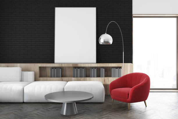 istock Black wall living room, white sofa, poster close up 951264908
