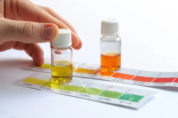 Man determining water characteristics by comparing the color of liquid in testing vials with attached color scales