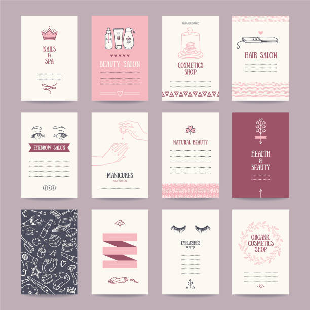 Beauty Salon, Cosmetics Shop, Makeup Artist Business Card Cosmetics shop business cards, beauty parlor invitations, nail salon flyer, spa banner. Artistic templates collection with thin line symbols and hand drawn design elements. Isolated vector. makeup fashion stock illustrations