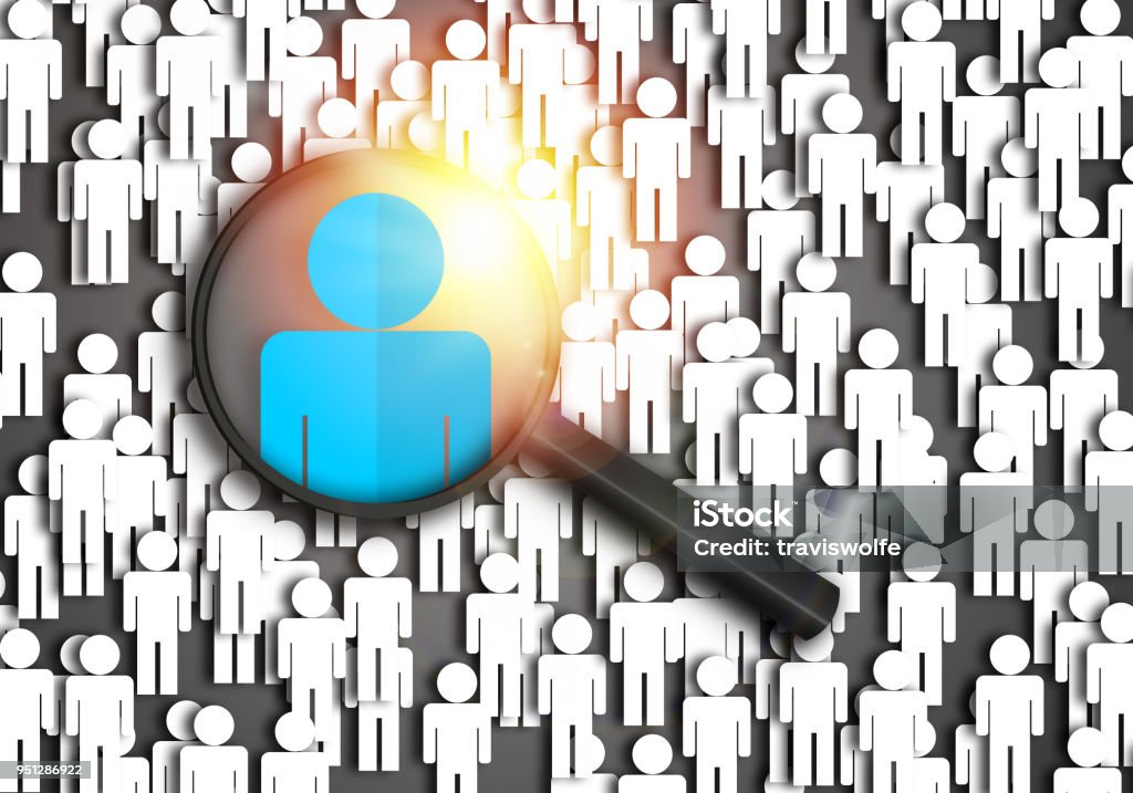 Searching for the best job candidate and people finder concept looking for the right person to stand out from the crowd.  Top pick and best choice for fitting the skillset that HR is looking for. Skill Stock Photo
