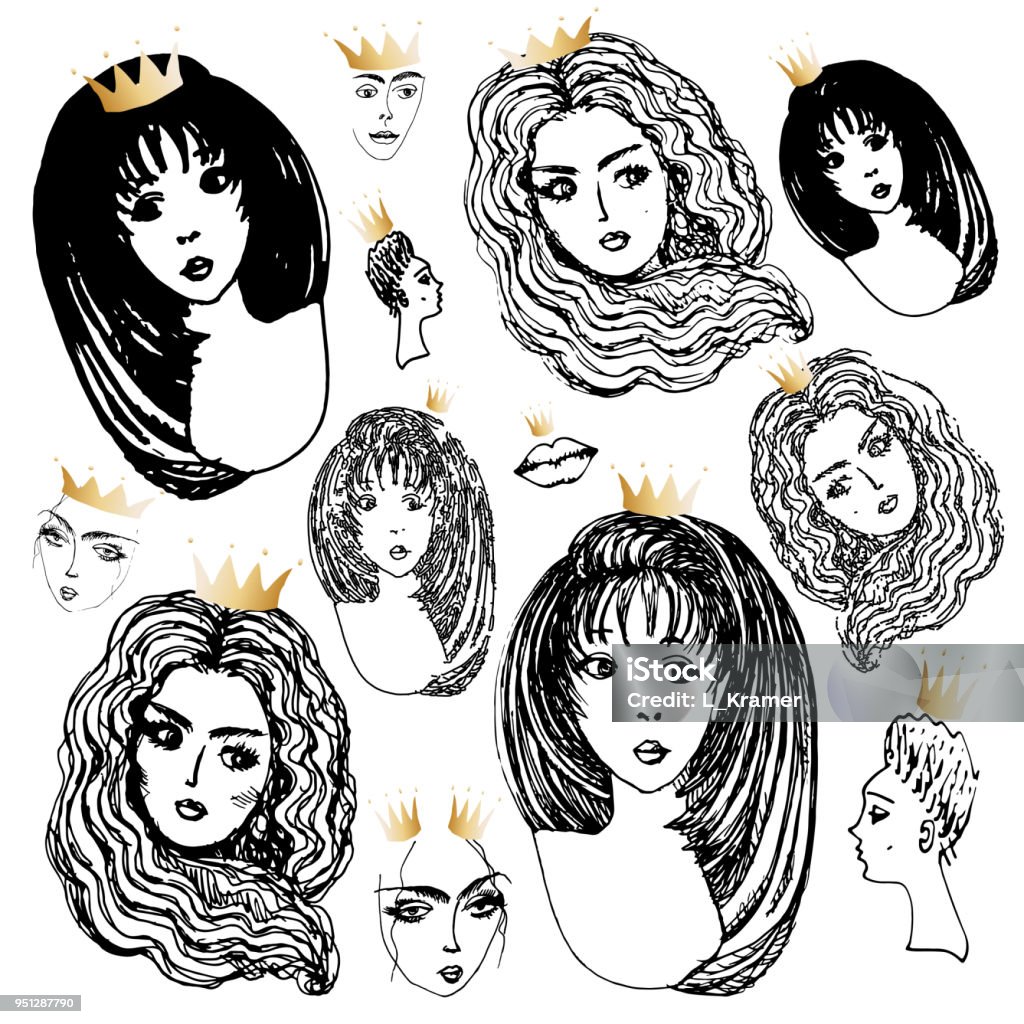 Set of vector hand drawn beautiful women head with golden crown of princesses on a white background. Black and white monochrome sketch, adult and children coloring book page, tee shirt print Abstract stock vector