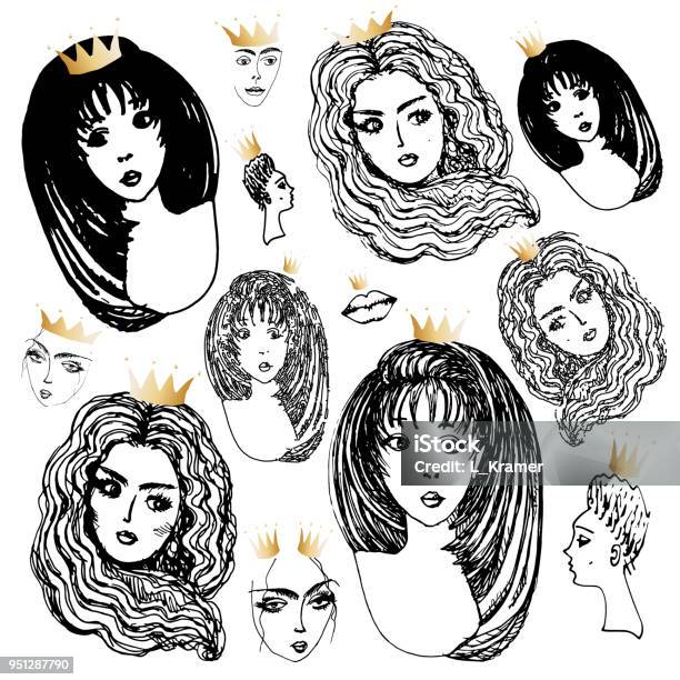Set Of Vector Hand Drawn Beautiful Women Head With Golden Crown Of Princesses On A White Background Black And White Monochrome Sketch Adult And Children Coloring Book Page Tee Shirt Print Stock Illustration - Download Image Now