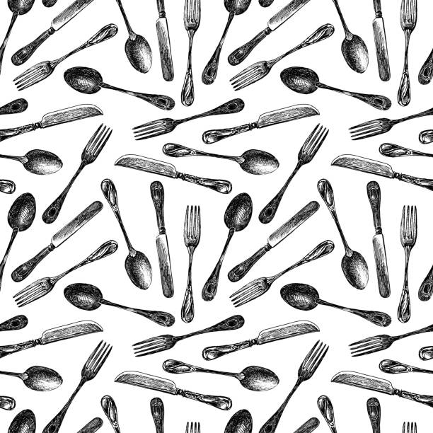 бесшовный фон плоской посуды - fork kitchen utensil spoon eating utensil stock illustrations