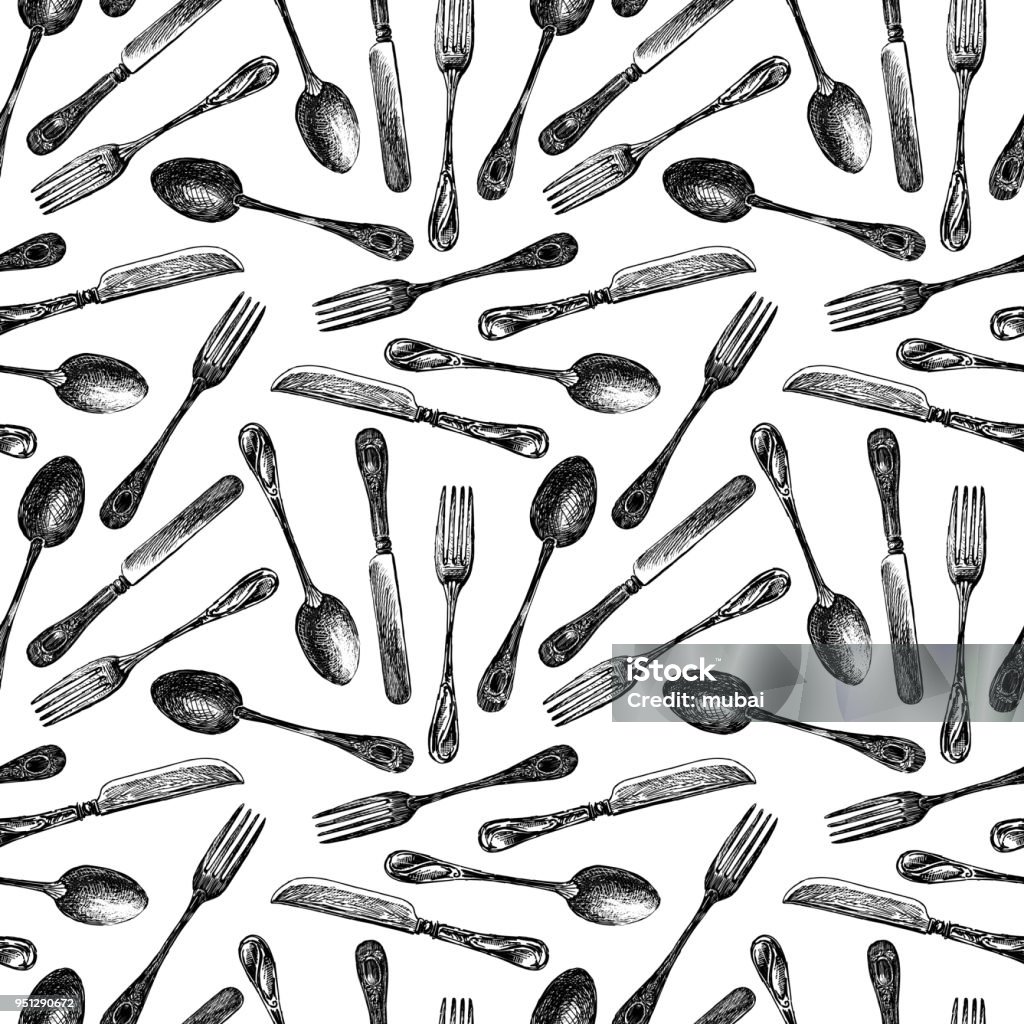 Seamless background of the flatware Vector pattern from painted spoons, knives and forks. Silverware stock vector