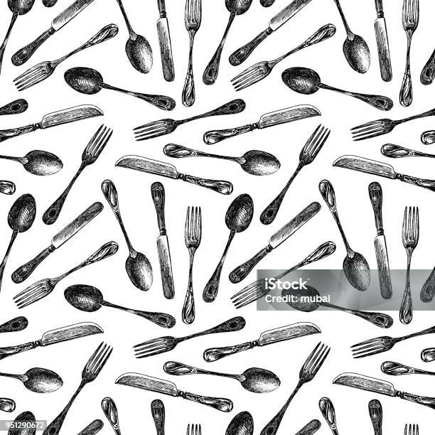 Seamless Background Of The Flatware Stock Illustration - Download Image Now - Silverware, Fork, Eating Utensil