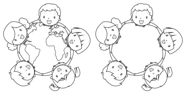 illustrazioni stock, clip art, cartoni animati e icone di tendenza di libro da colorare, felici bambini multietnici in giro per la terra. - circle child preschool preschooler
