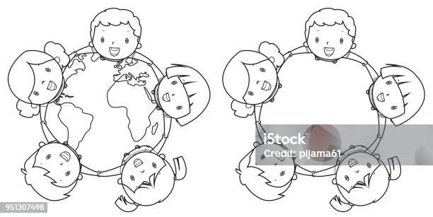 Coloring Book Happy Multi Ethnic Kids Around The Earth Stock Illustration - Download Image Now