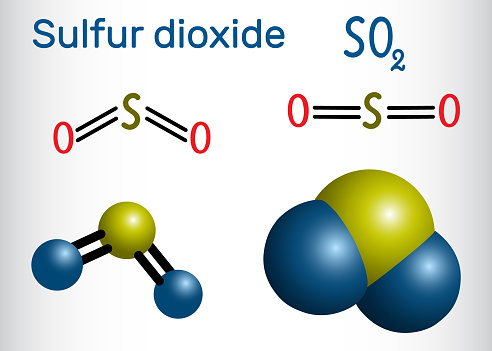 Sulfur dioxide (sulphur dioxide, SO2) molecule. Structural chemical formula and molecule model. Vector illustration