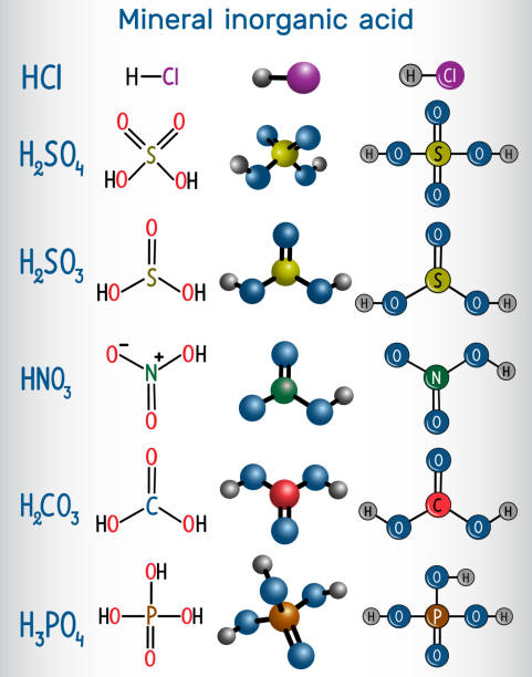 ilustrações, clipart, desenhos animados e ícones de molécula e fórmula química modelo ácido inorgânico mineral. ácido clorídrico (hcl), ácido sulfúrico (h2so4), ácido nítrico (hno3), ácido carbônico (h2co3) o ácido sulfuroso (h2so3), ácido fosfórico (h2po4) - sulfuric