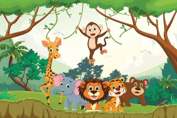 außenillustration glücklich tier im dschungel - tropical rainforest animal cartoon lion stock-grafiken, -clipart, -cartoons und -symbole