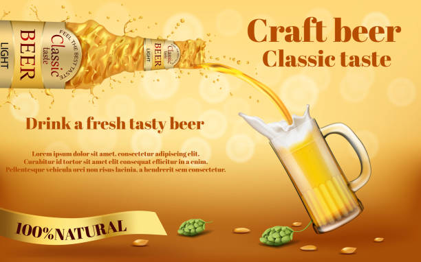 illustrazioni stock, clip art, cartoni animati e icone di tendenza di banner promozionale vettoriale realistico per il marchio di birra - swirl beer
