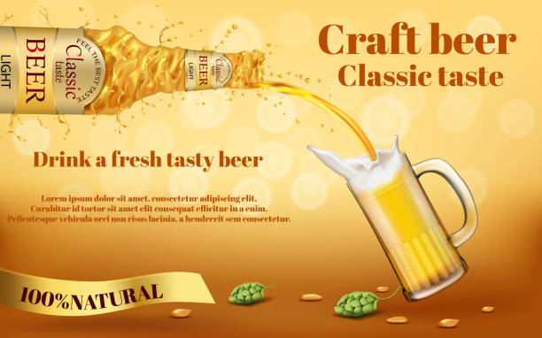 Vector realistic promotion banner for beer brand Vector realistic colorful promotion banner with abstract swirling bottle of craft golden beer, frothy alcoholic drink pouring into glass mug, with hops on background. Mockup for brand advertising beer brands stock illustrations