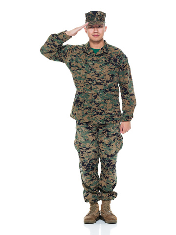 Infante de Marina de Estados Unidos en uniforme saludando photo