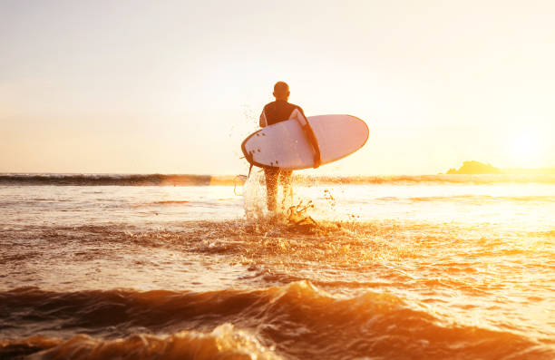 Surfer runs with surfboard towards ocean waves ta sunset time