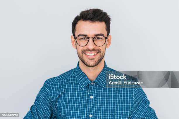Closeup Portrait Of Handsome Smartlooking Smiling With Toothy Smile Male Posing For Social Advertisement Isolated On White Background With Copy Space For Your Promotional Information Or Content Stock Photo - Download Image Now