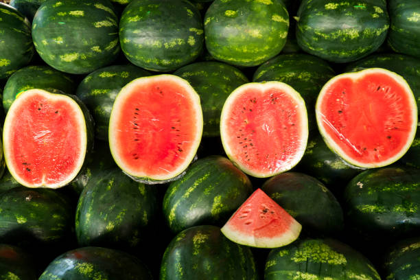 whole watermelon and sliced watermelon - watermelon summer melon portion imagens e fotografias de stock