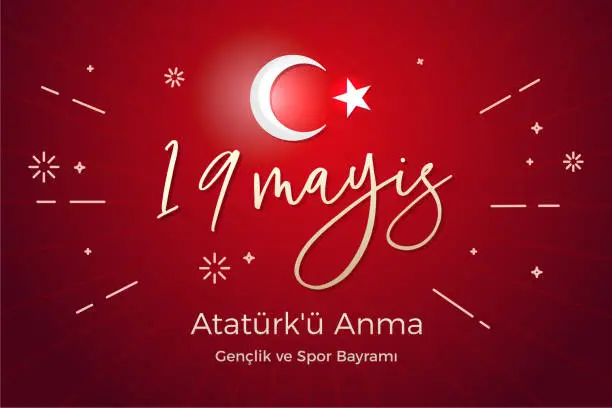 Vector illustration of May 19th Turkish commemoration of Ataturk, Youth and Sports Day. In Turkish language, 19 Mayis Ataturk'u Anma, Genclik ve Spor Bayrami. Vector background illustration with turkey flag colors