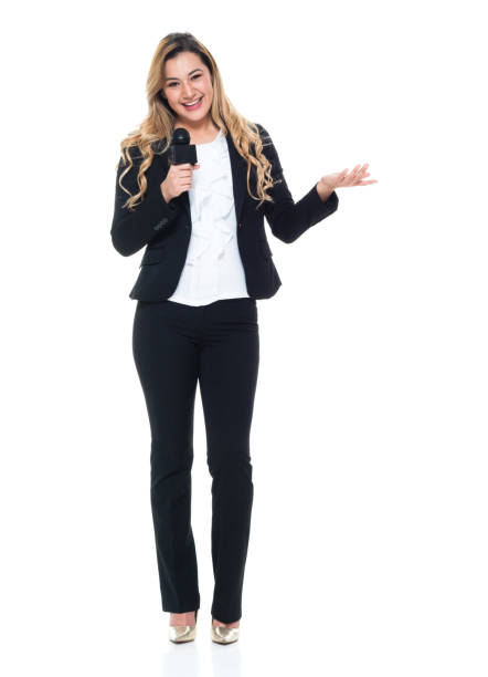 istock Attractive business woman talking on microphone 951350042