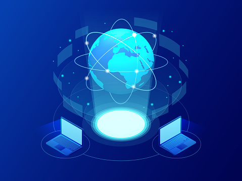 Global communication Internet network around the planet. Network and data exchange over planet. Connected satellites for finance, cryptocurrency or IoT technology.