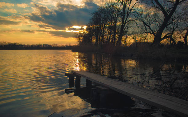 istock Springboard on shore of lake in the setting sun 7 951359334