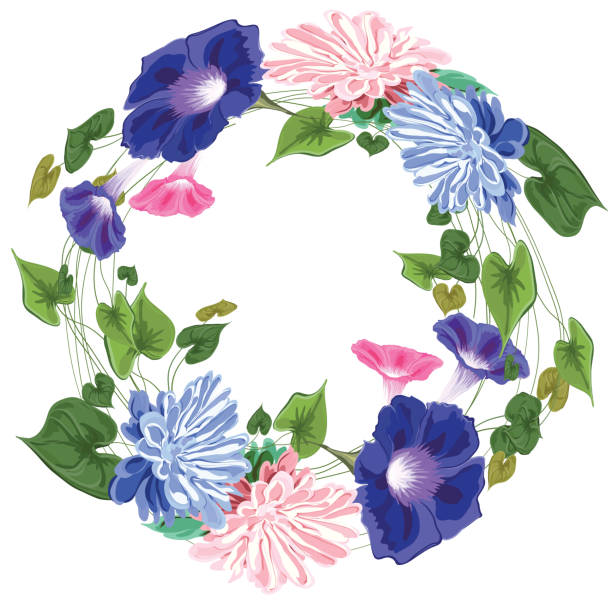 花、葉と茎の中アストラ、つる、アイビー、グリーン、ピンク、ブルーのリース フレームが作られて - ivy vine leaf frame点のイラスト素材／クリップアート素材／マンガ素材／アイコン素材