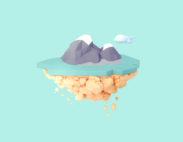 isolated volcanic island on floating island 3d illustration. low poly minimal art style.active inactive volcano landscape in middle of the ocean.