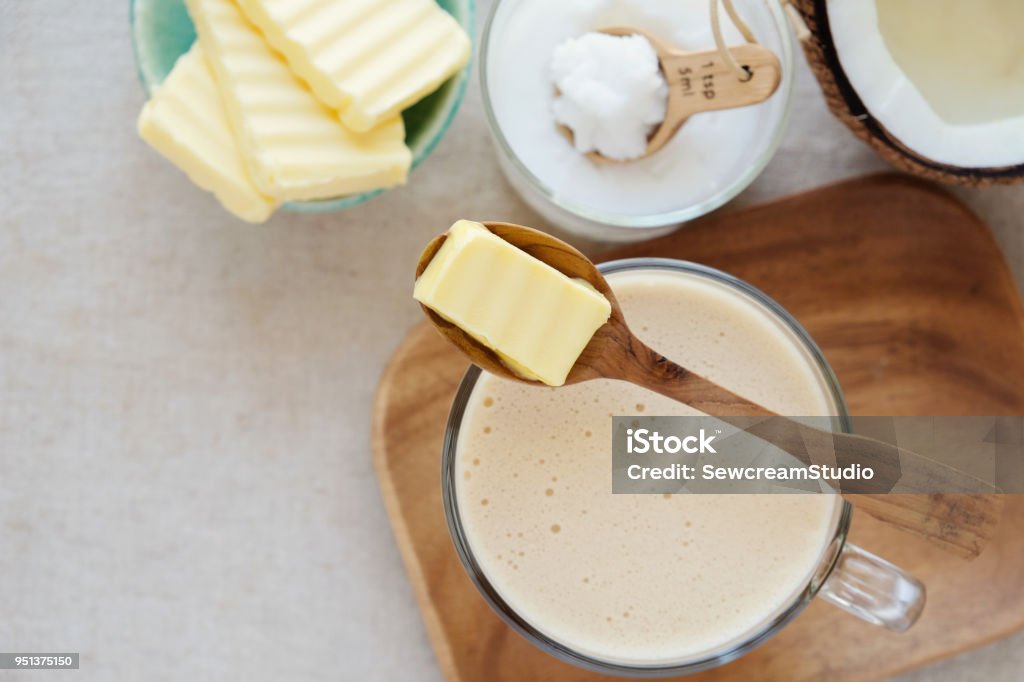 bulletproof coffee, blended with organic grass fed butter and MCT coconut oil, paleo, keto, ketogenic drink breakfast Australia Stock Photo