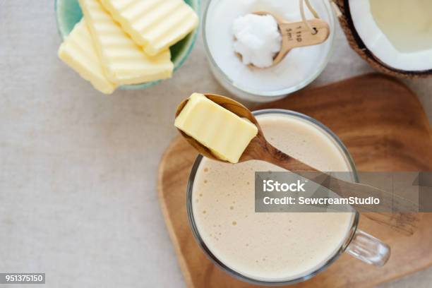 Bulletproof Coffee Blended With Organic Grass Fed Butter And Mct Coconut Oil Paleo Keto Ketogenic Drink Breakfast Stock Photo - Download Image Now